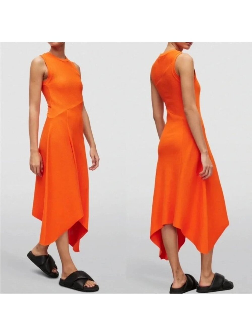 Allsaints Gia Asymmetrical Cotton Ribbed Midi Dress in Pop Orange Size 4